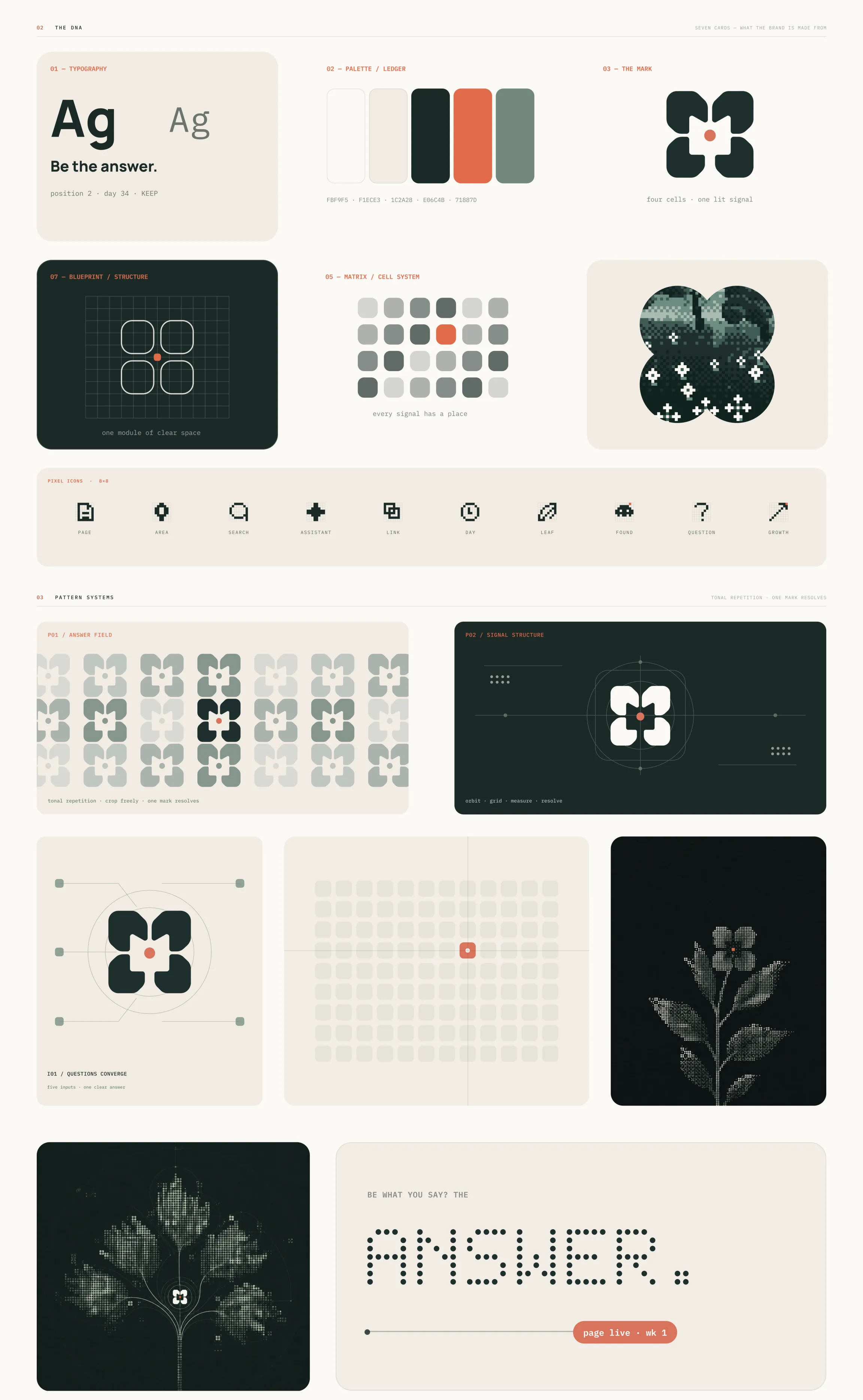 The brand's building blocks: typography, palette, the mark, the blueprint grid, the cell matrix, pixel icons and pattern studies