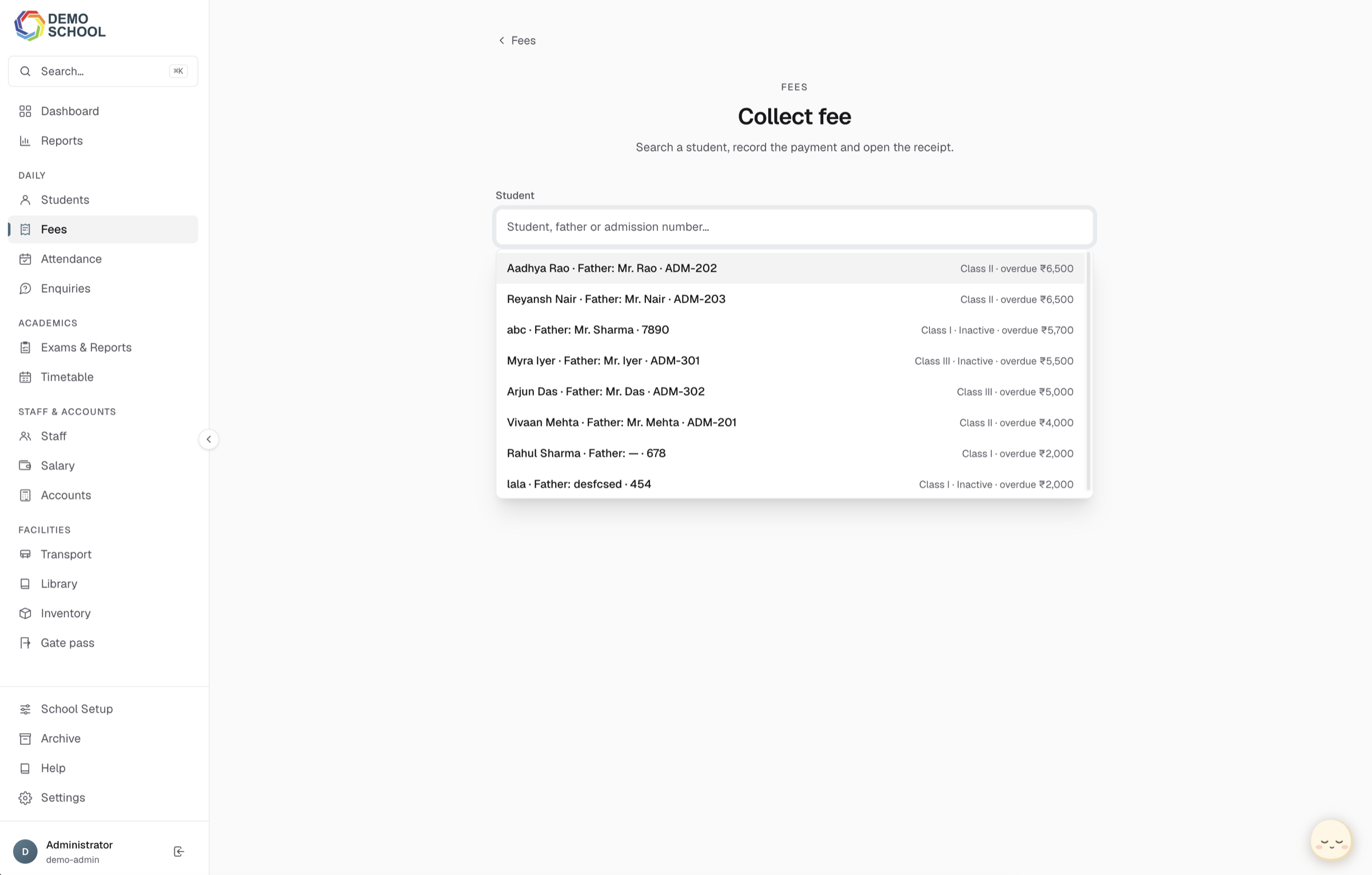 Collecting a fee — screen 1