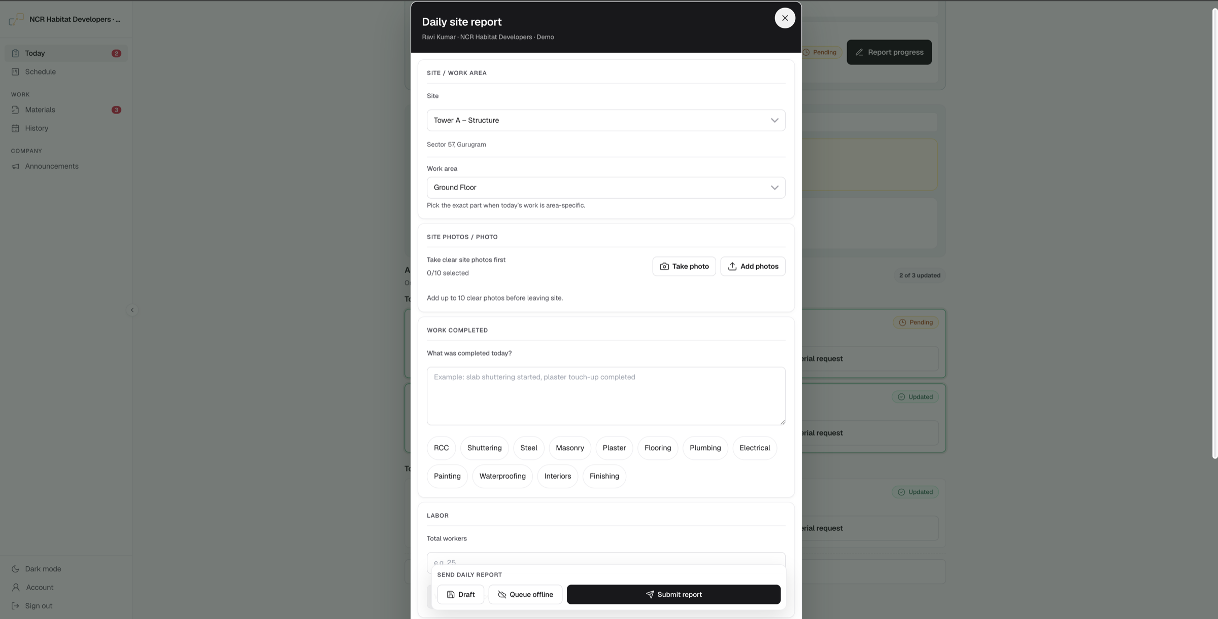 The daily site report: a field engineer files the day in a few taps