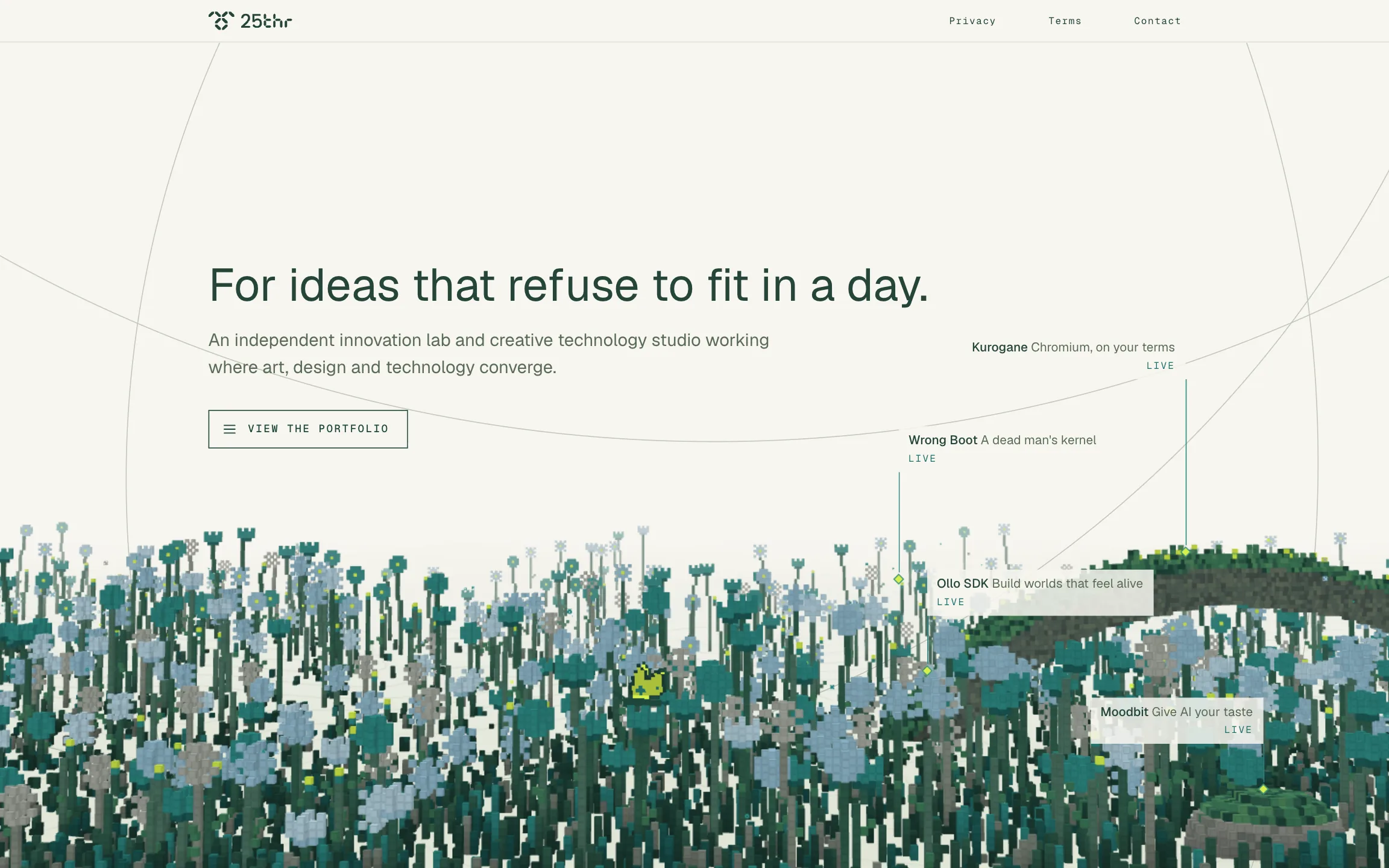 The 25th Hour home page once the field has grown, with the live projects pinned in it