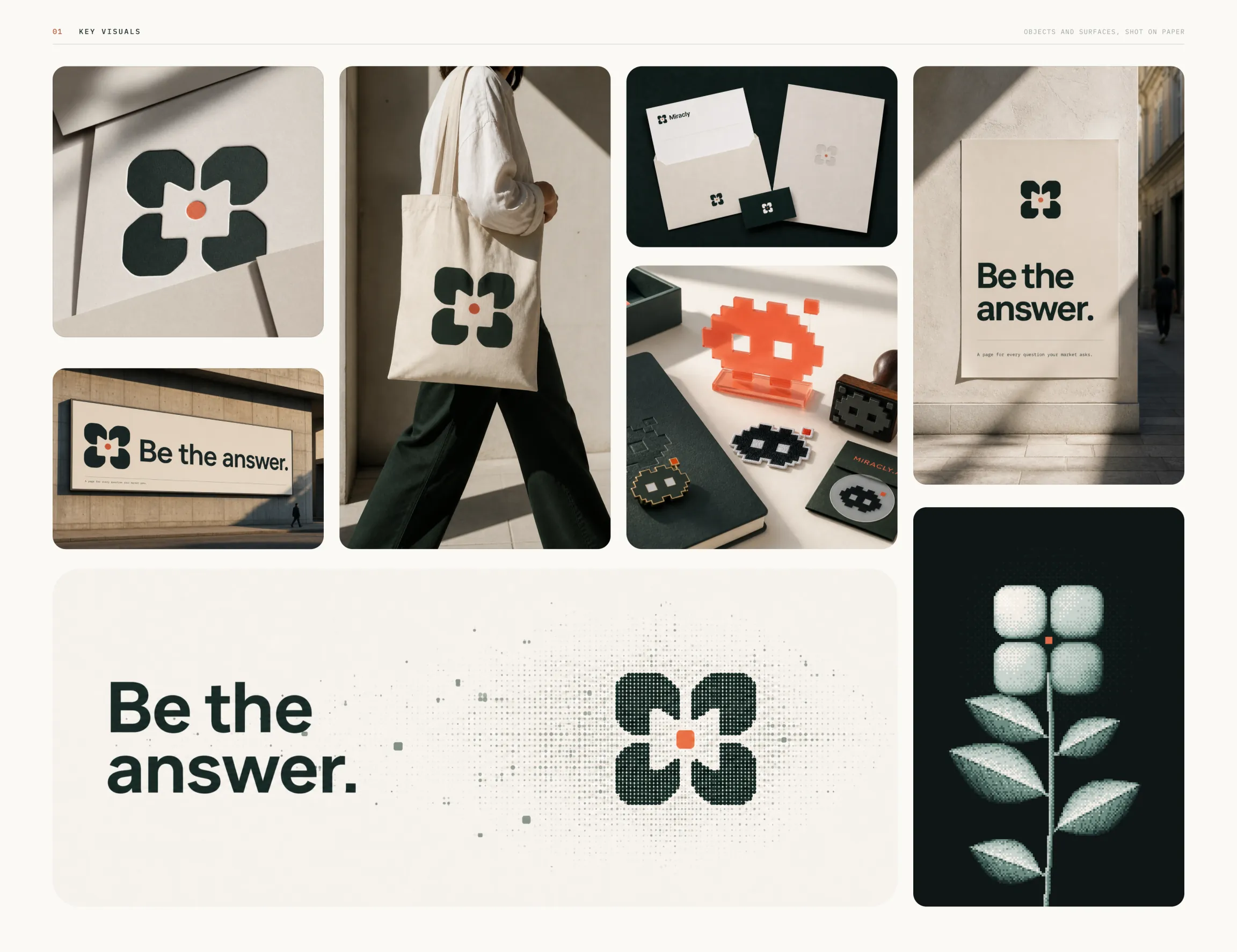 Key visuals: the mark on paper, a tote bag, stationery, a street poster and a billboard reading Be the answer, pixel mascot objects and a dithered pixel flower