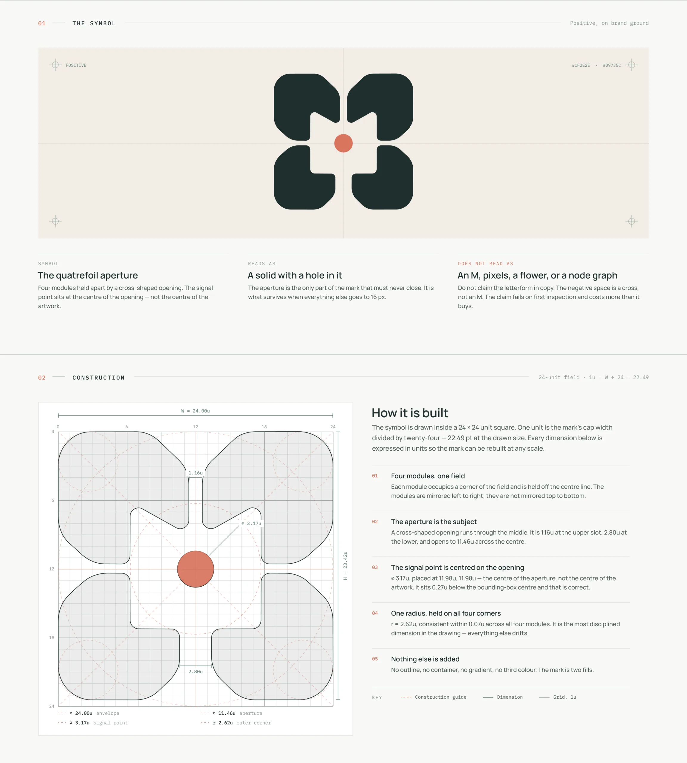 The Miracly symbol on its brand ground, and its construction on a 24-unit grid with every dimension marked