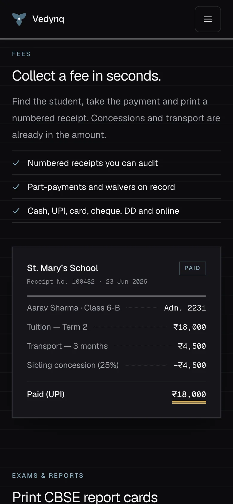 Collecting a fee on a phone, in the dark theme