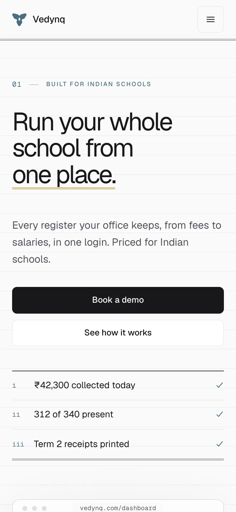 The Vedynq home page on a phone
