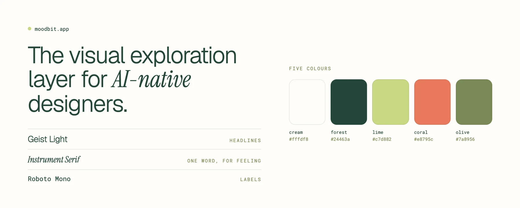 The visual world for moodbit.app: Geist Light for headlines, Instrument Serif for one word, Roboto Mono for labels, and five colours, cream, forest, lime, coral and olive