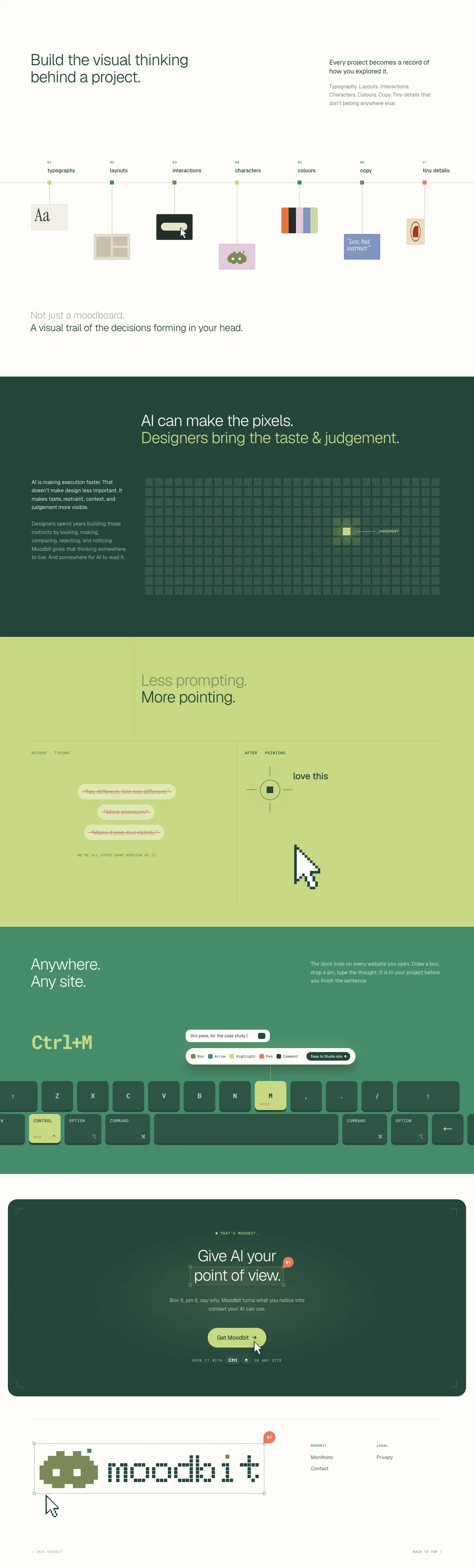 The rest of the home page: the project timeline, the taste grid, the keyboard shortcut and the sign-off