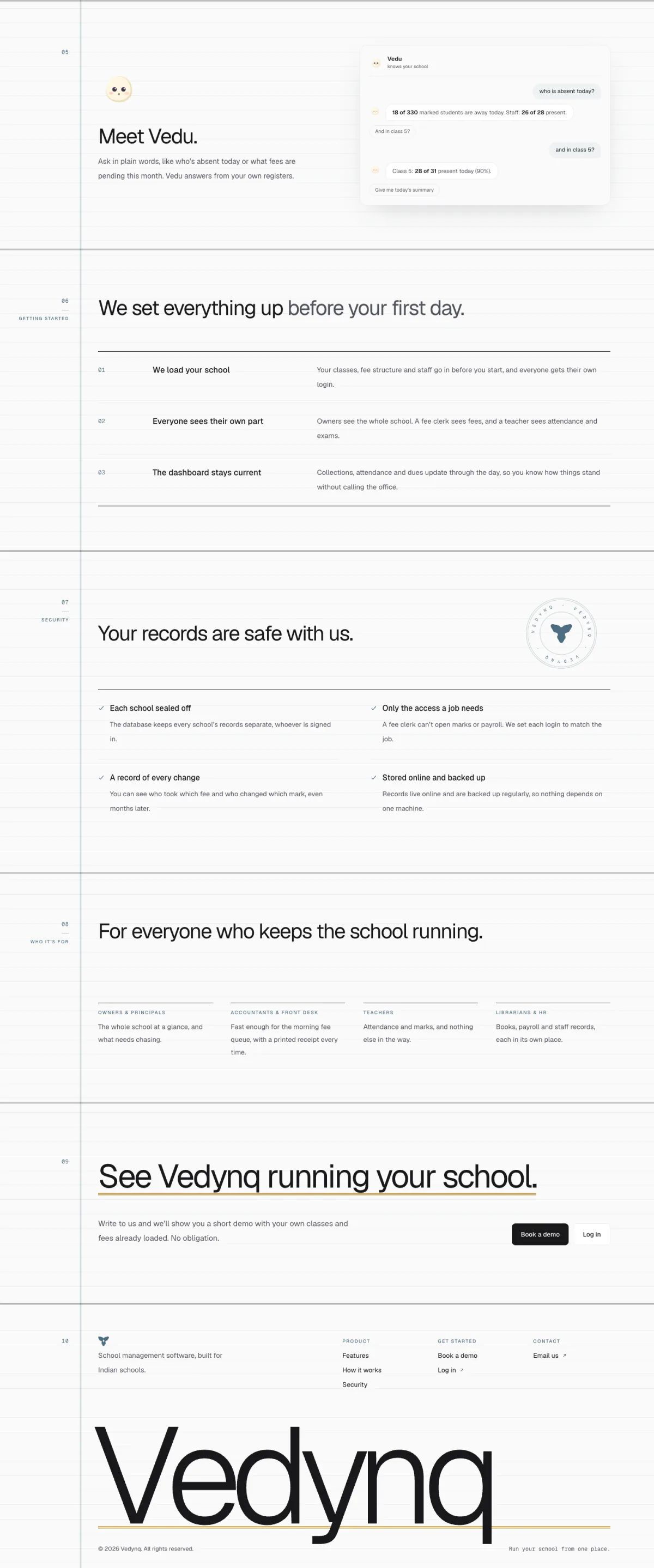 The rest of the home page: Vedu the assistant, setup, security, who it is for, the demo call and the footer wordmark