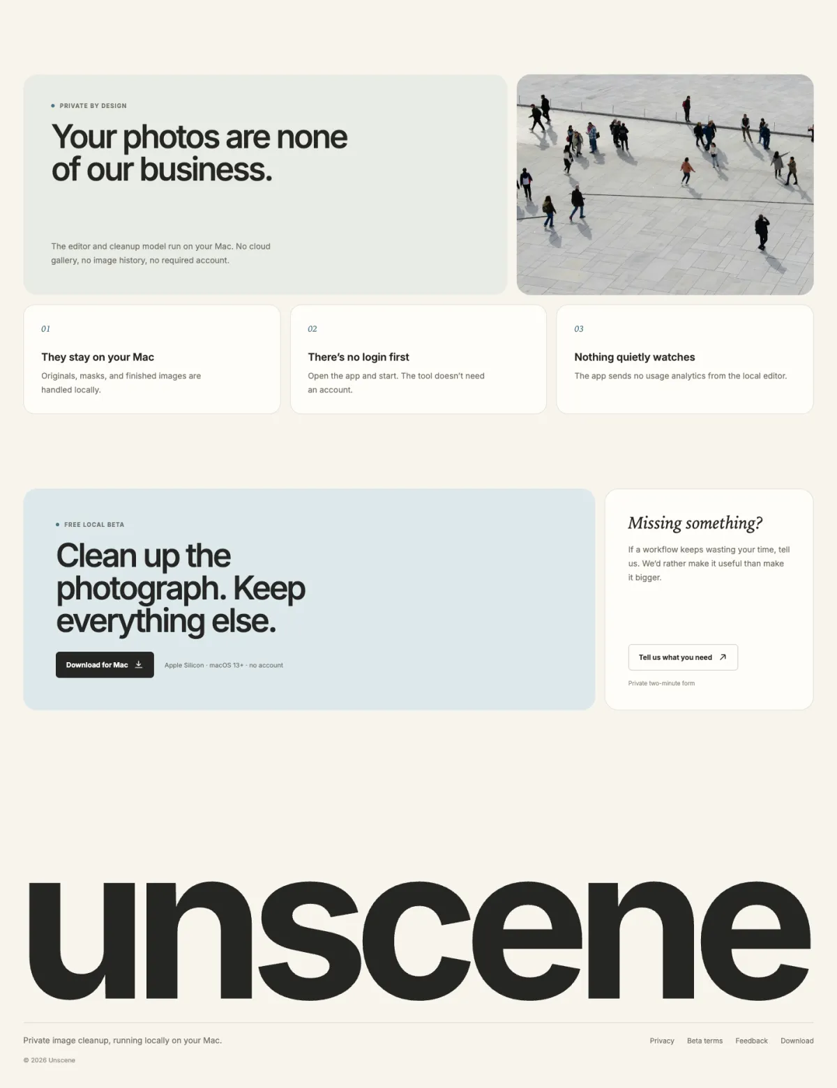 The rest of the home page: the privacy bento, the download and feedback cards, and the wordmark footer
