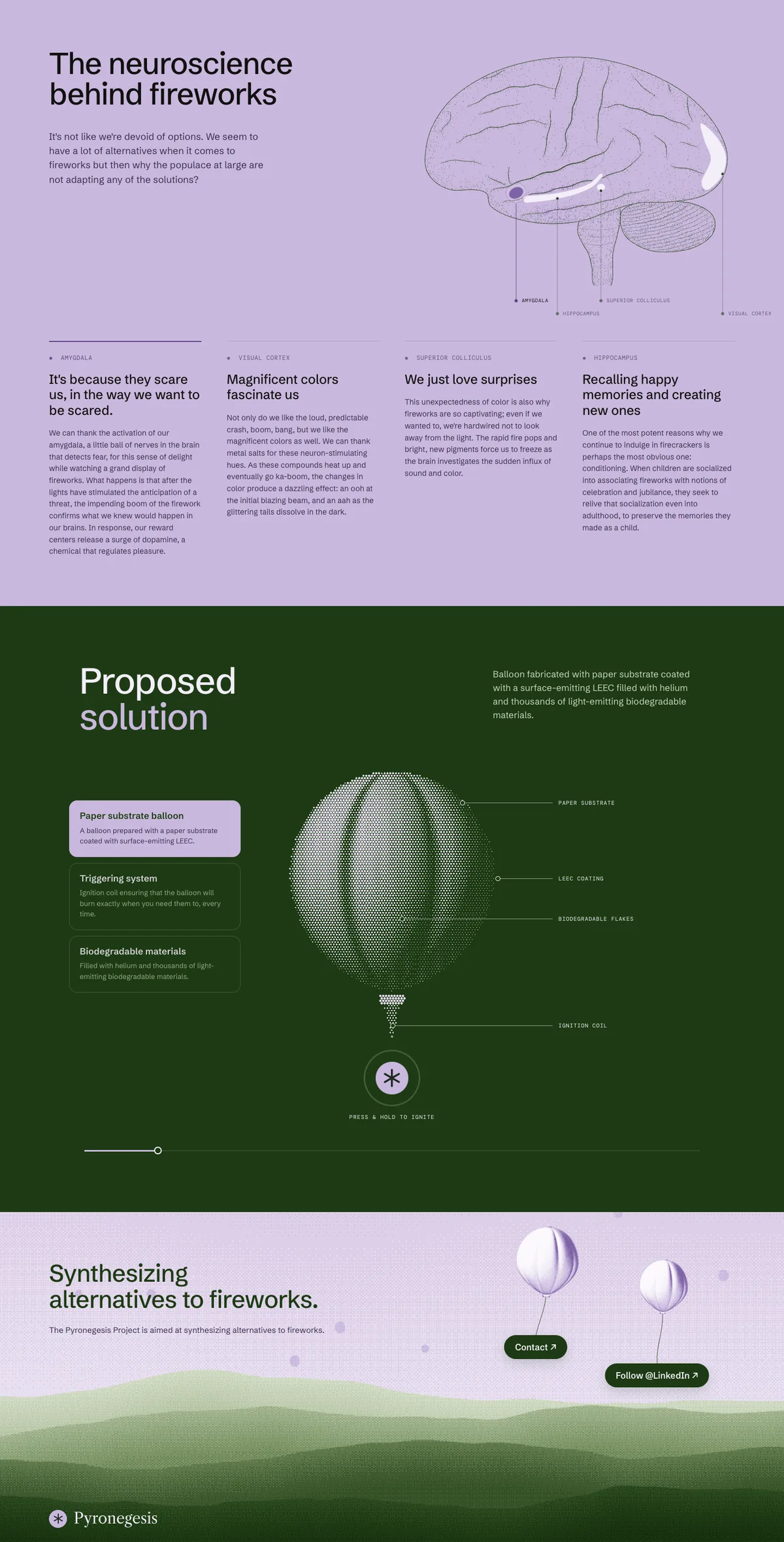 The rest of the home page: the neuroscience of fireworks around a stippled brain, the paper balloon that replaces them, and the footer with balloons over the hills