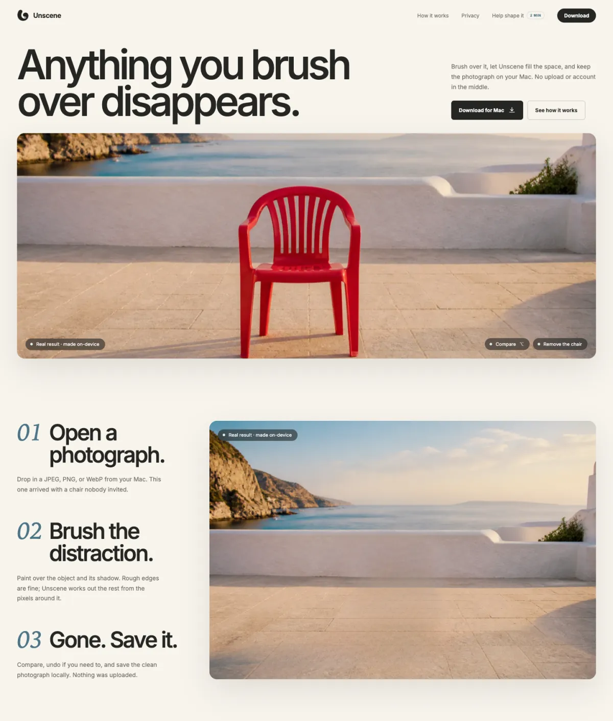 The Unscene home page, from the red chair in the hero through the three steps: open, brush, gone