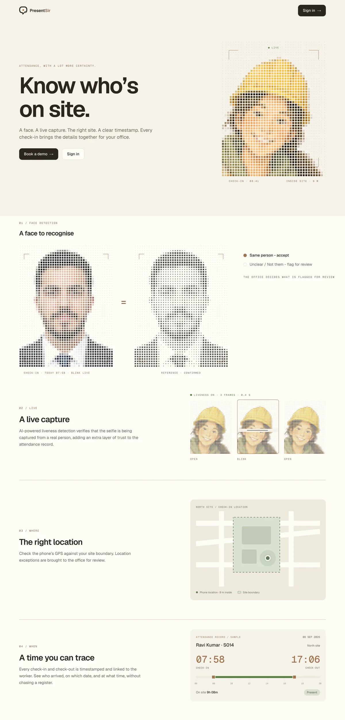 The PresentSir home page, from the check-in hero through the proofs of who, live, where and when