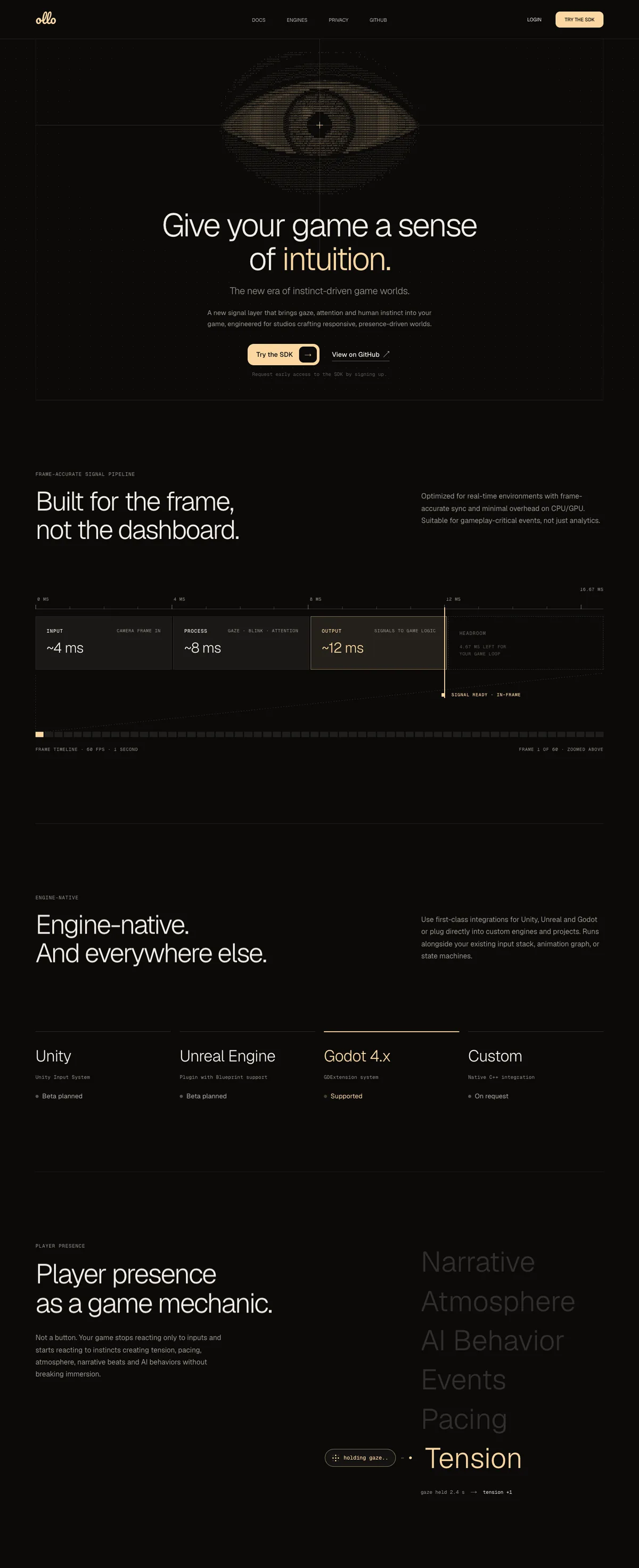 The Ollo home page, from the eye in the hero through the frame timeline, the engines and player presence