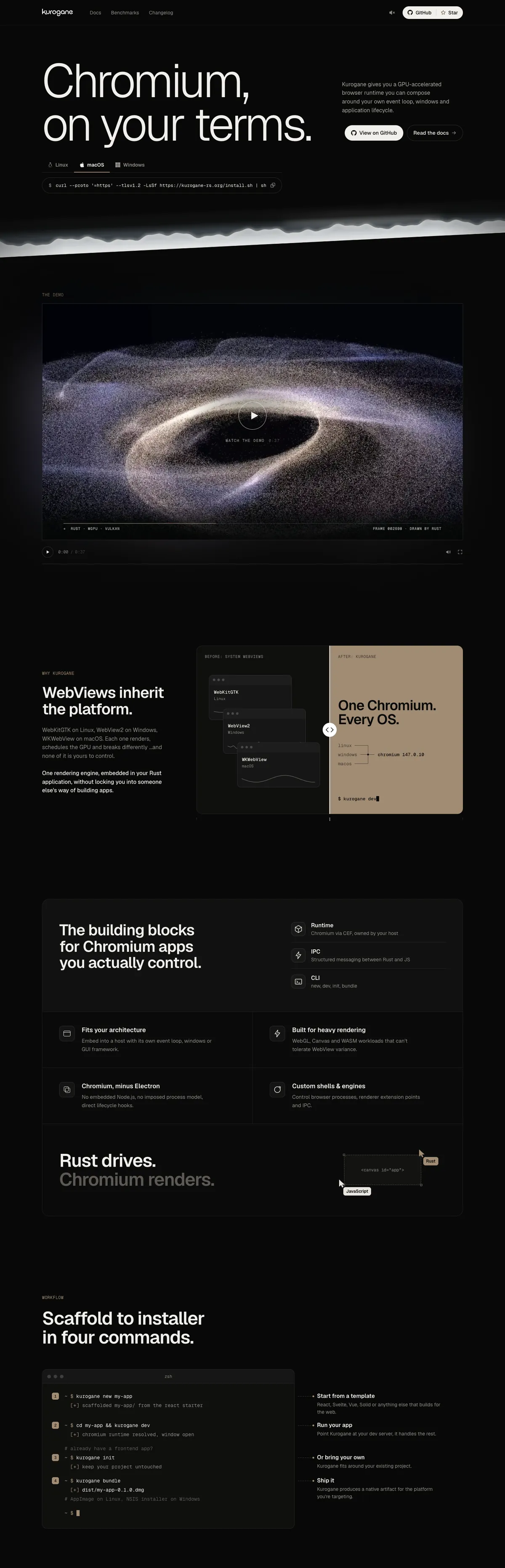The Kurogane home page, from the blade in the hero through the demo film, system WebViews against one Chromium, the building blocks and the four-command workflow