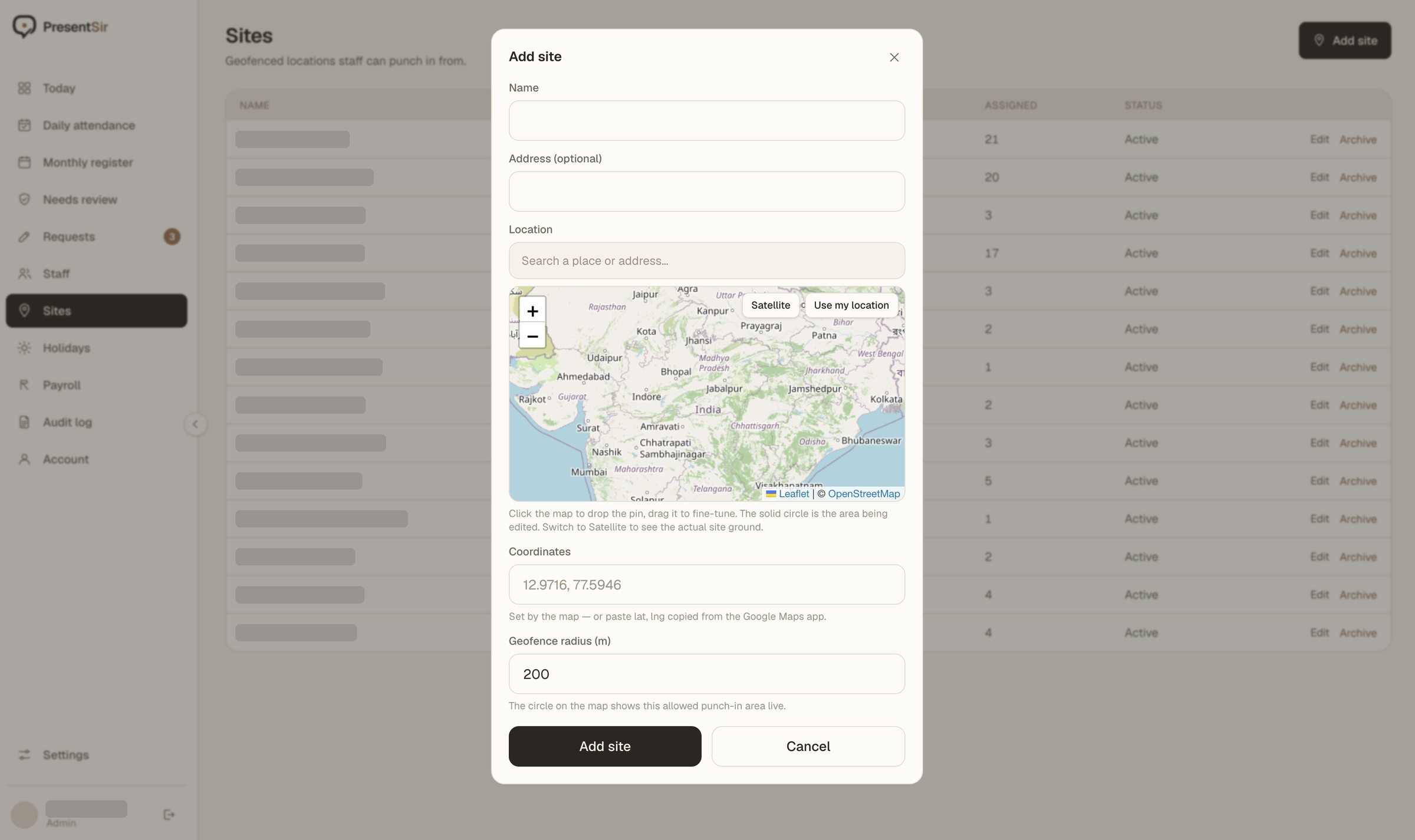 Adding a site: a pin on a map, a geofence radius in metres, and the allowed check-in area drawn live
