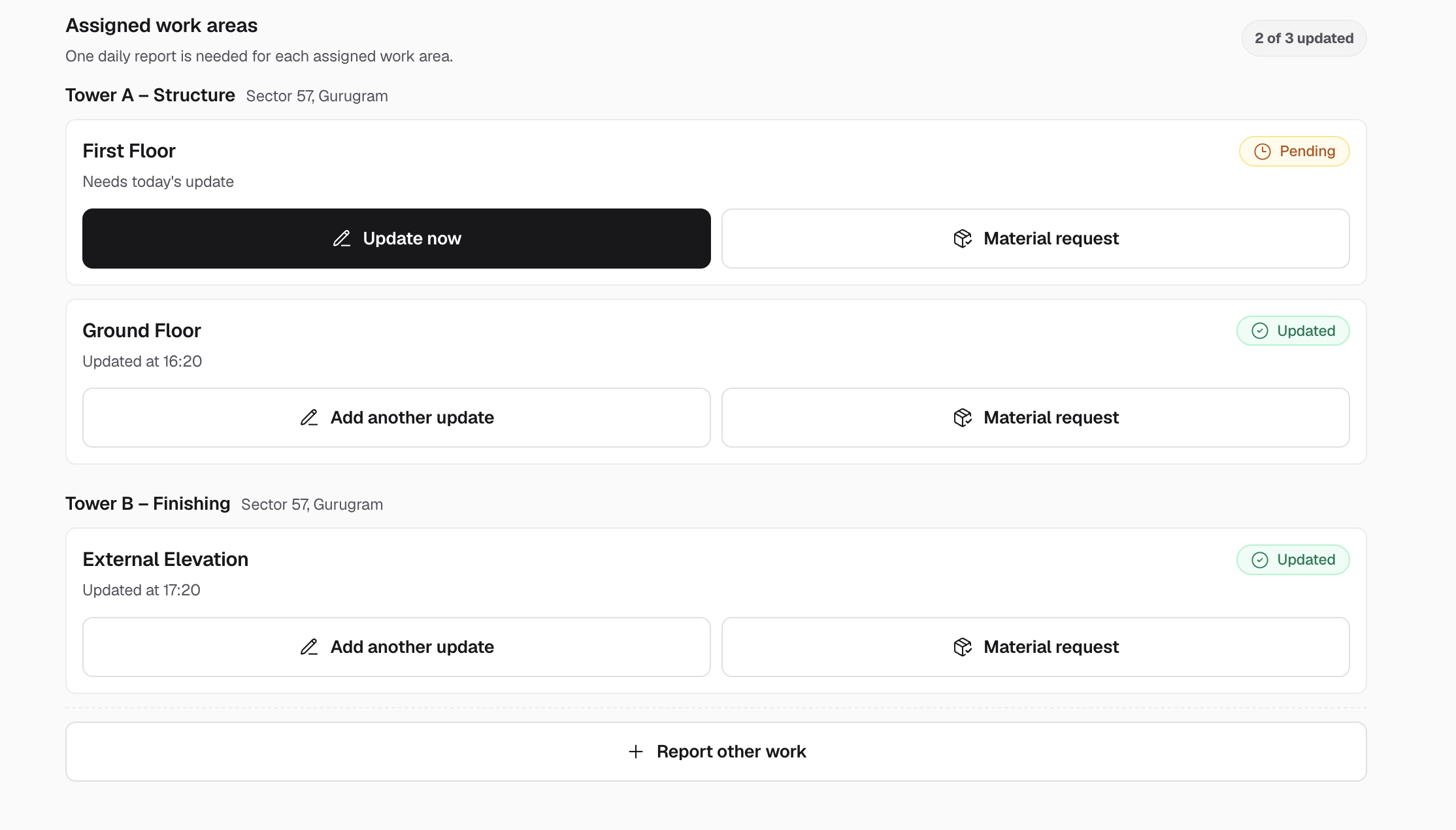 Assigned work areas, each needing a single daily update before leaving site