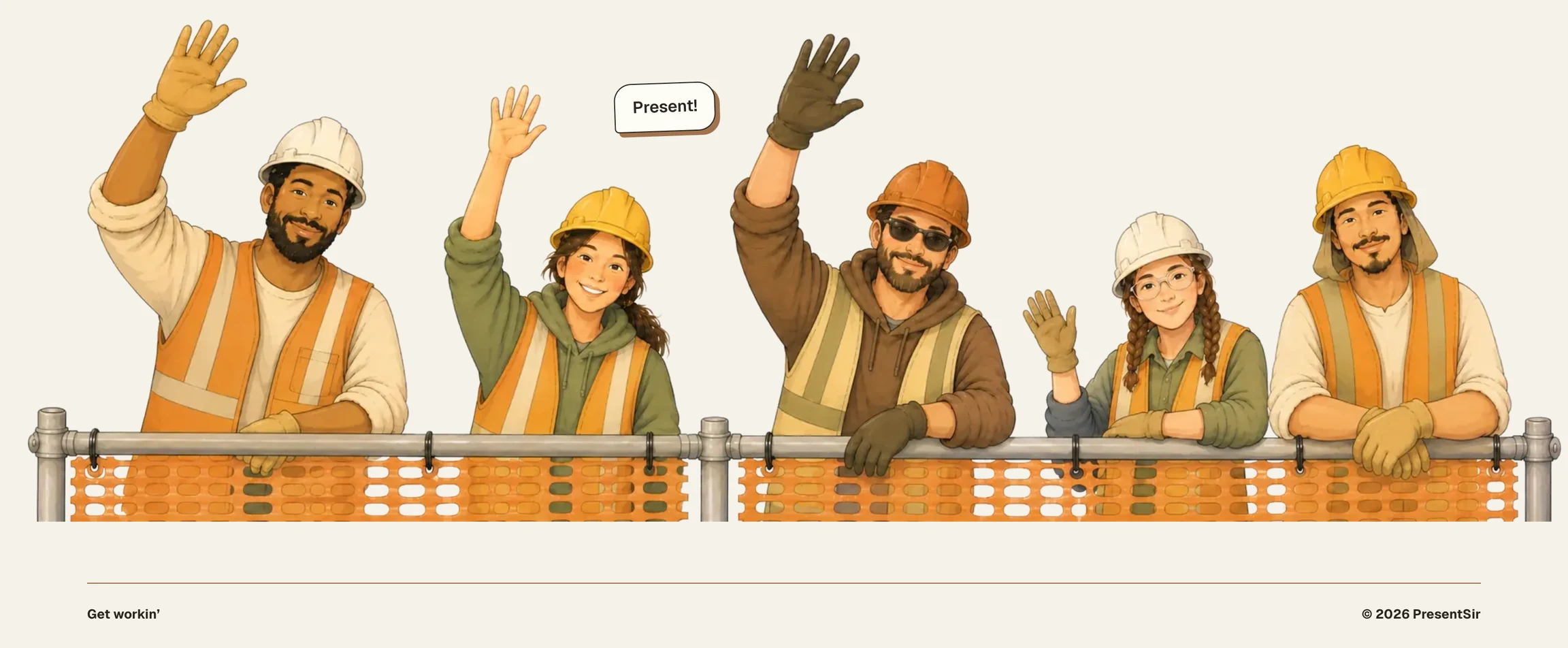 A drawn crew waving over a site barrier